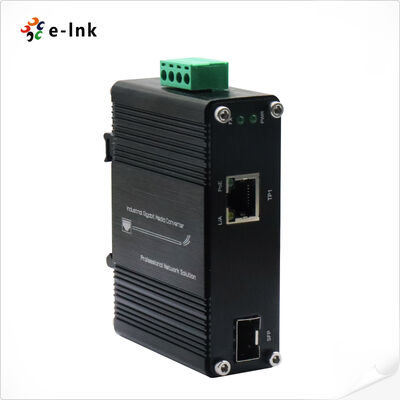 Industrial 2.5G PoE+ Media Converter with Voltage Booster 1xRJ45 1xSFP+ 30W Output Wide Input Voltage 12-48VDC Plug and Play Setup